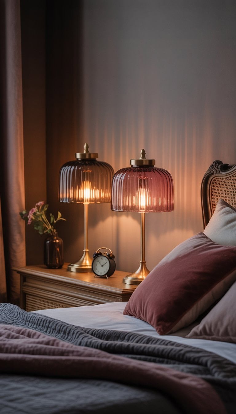 A cozy bedroom with two vintage tinted glass table lamps glowing softly on wooden bedside tables next to a bed with dark bedding and pillows.