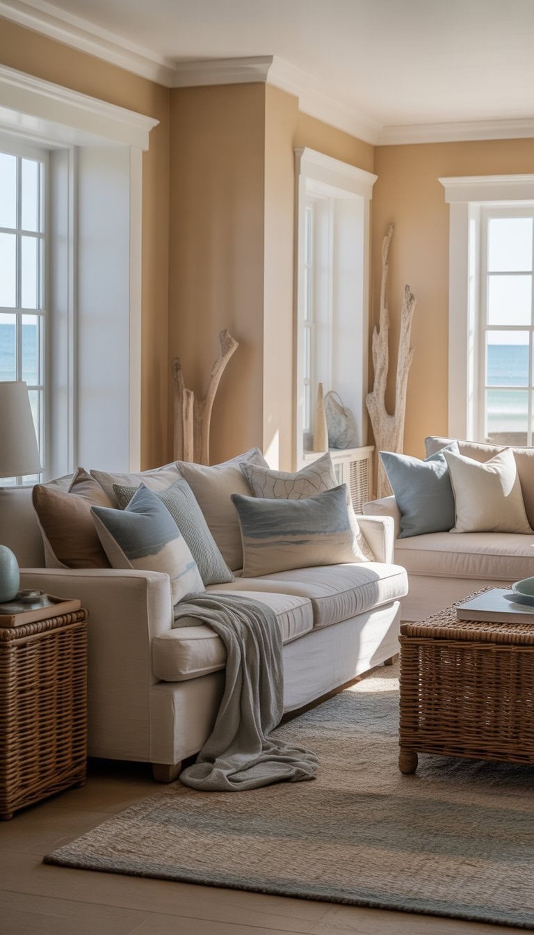 A living room with soft beige walls, white trim, comfortable neutral furniture, and subtle blue and green coastal accents illuminated by natural light.