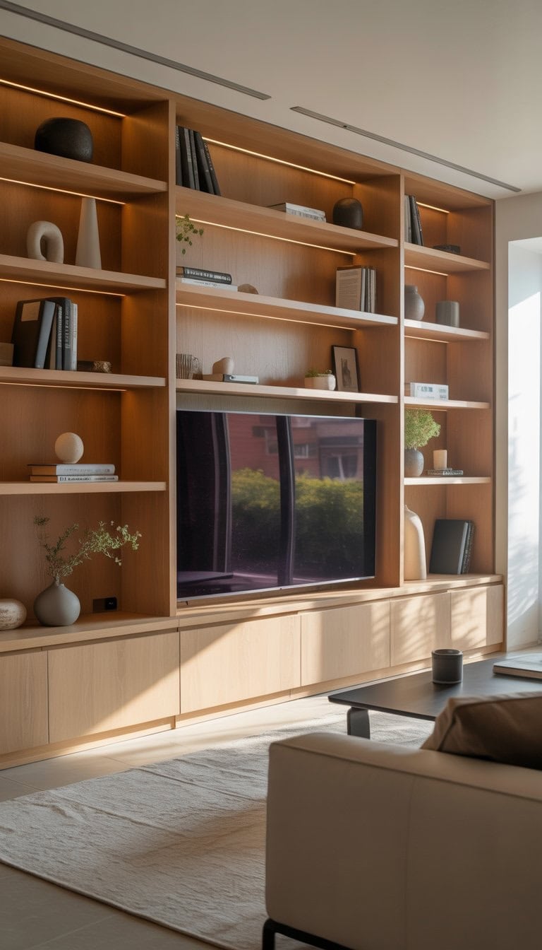 A living room with built-in shelves and a hidden TV compartment, decorated with books and plants, featuring a sofa and coffee table.