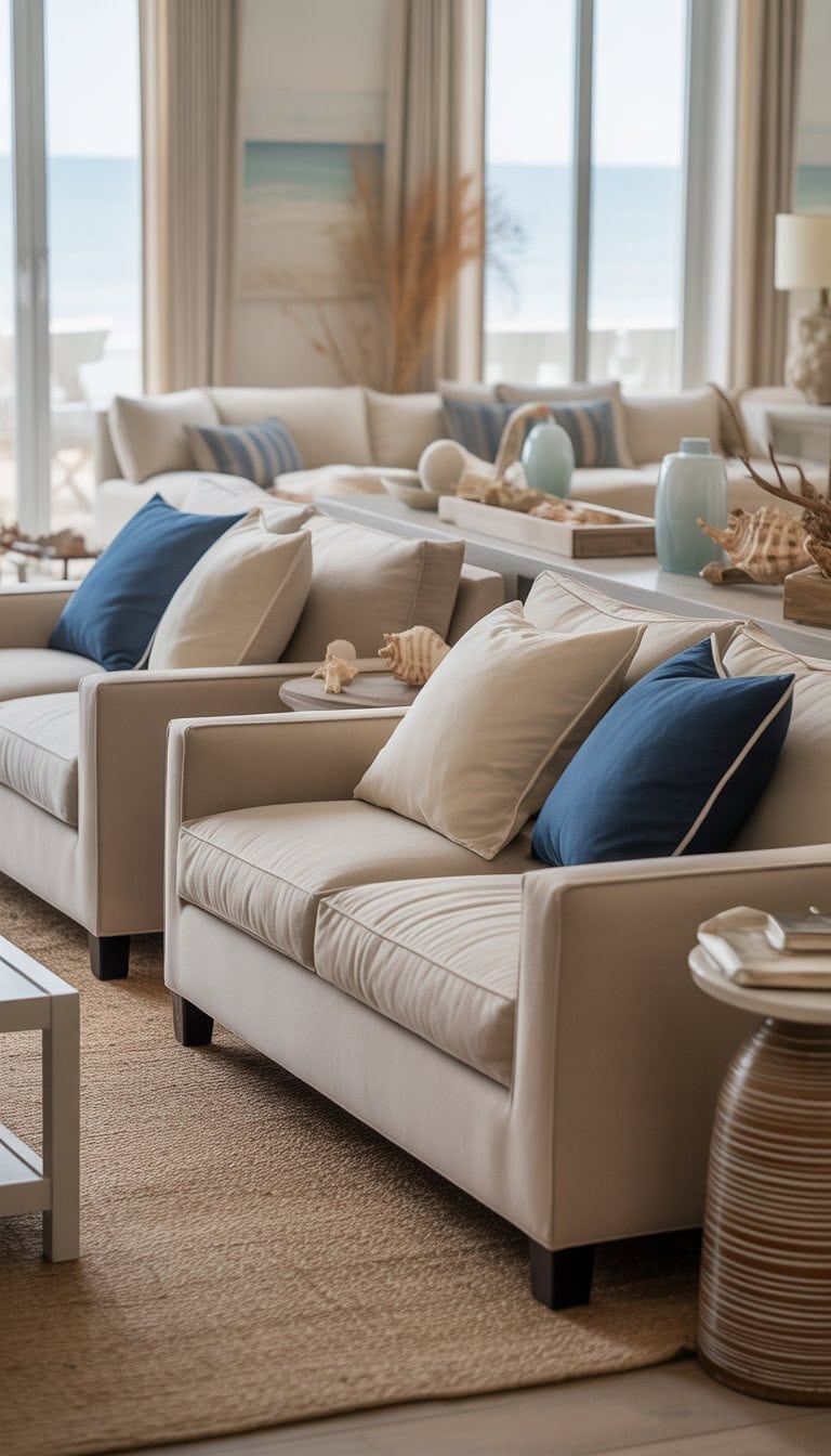 Living room with sandy beige sofas and navy blue pillows, natural light, and coastal decor.