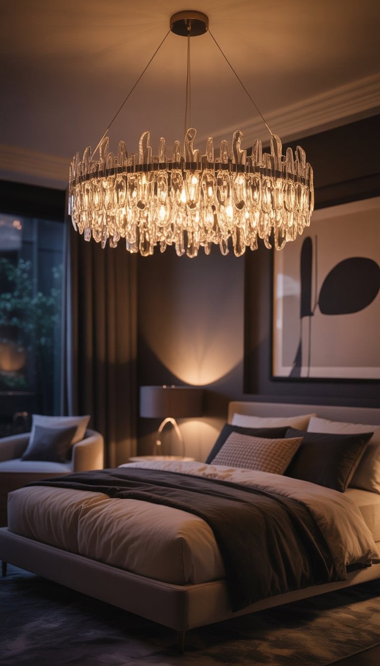 A dimly lit bedroom with a crystal chandelier hanging above a bed surrounded by elegant furniture and warm lighting.