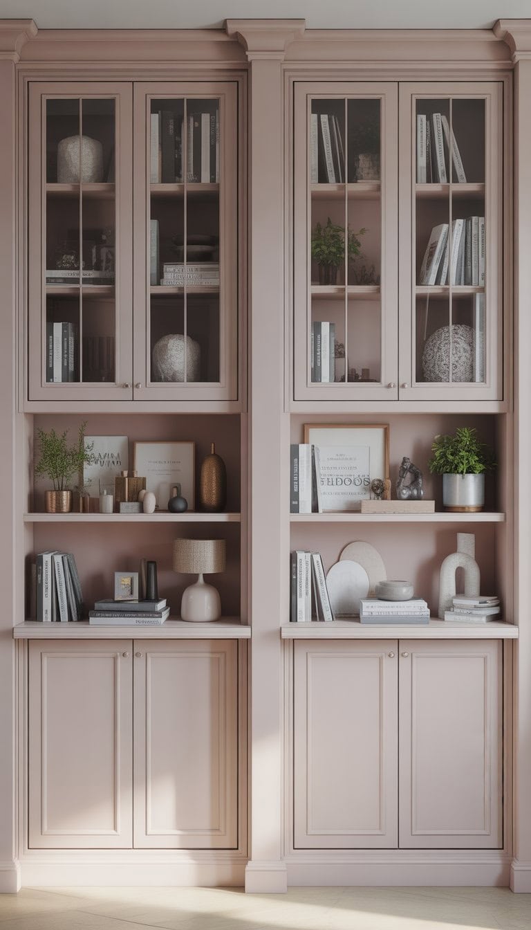 A living room with symmetrical built-in shelves featuring glass-fronted upper cabinets filled with books and decor, and open shelves below displaying decorative items.