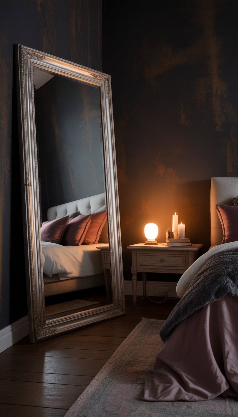 A bedroom with a large antique-framed floor mirror leaning against a dark wall, soft lighting, and a cozy bed with rich-colored bedding.