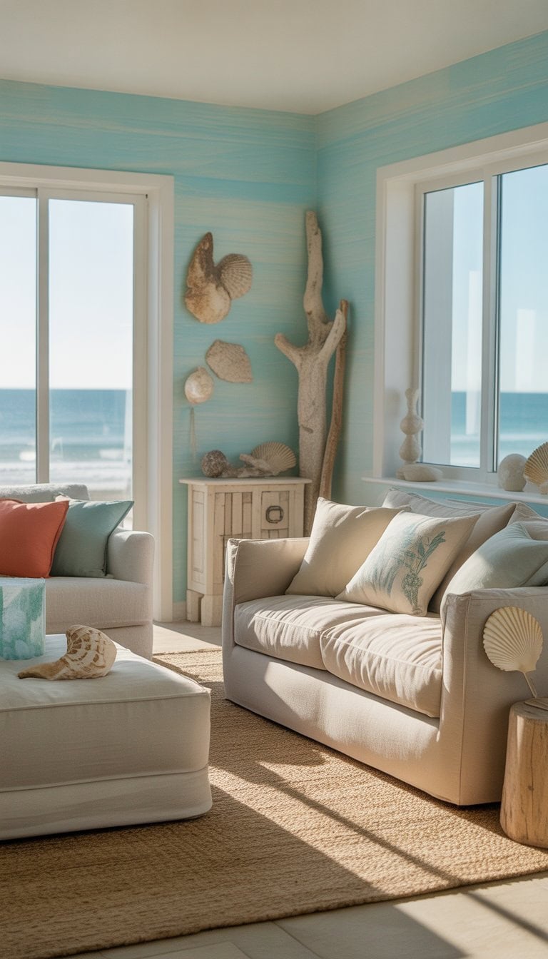 Living room with light turquoise accent walls, beige sofa, natural wood decor, and sunlight streaming through large windows.