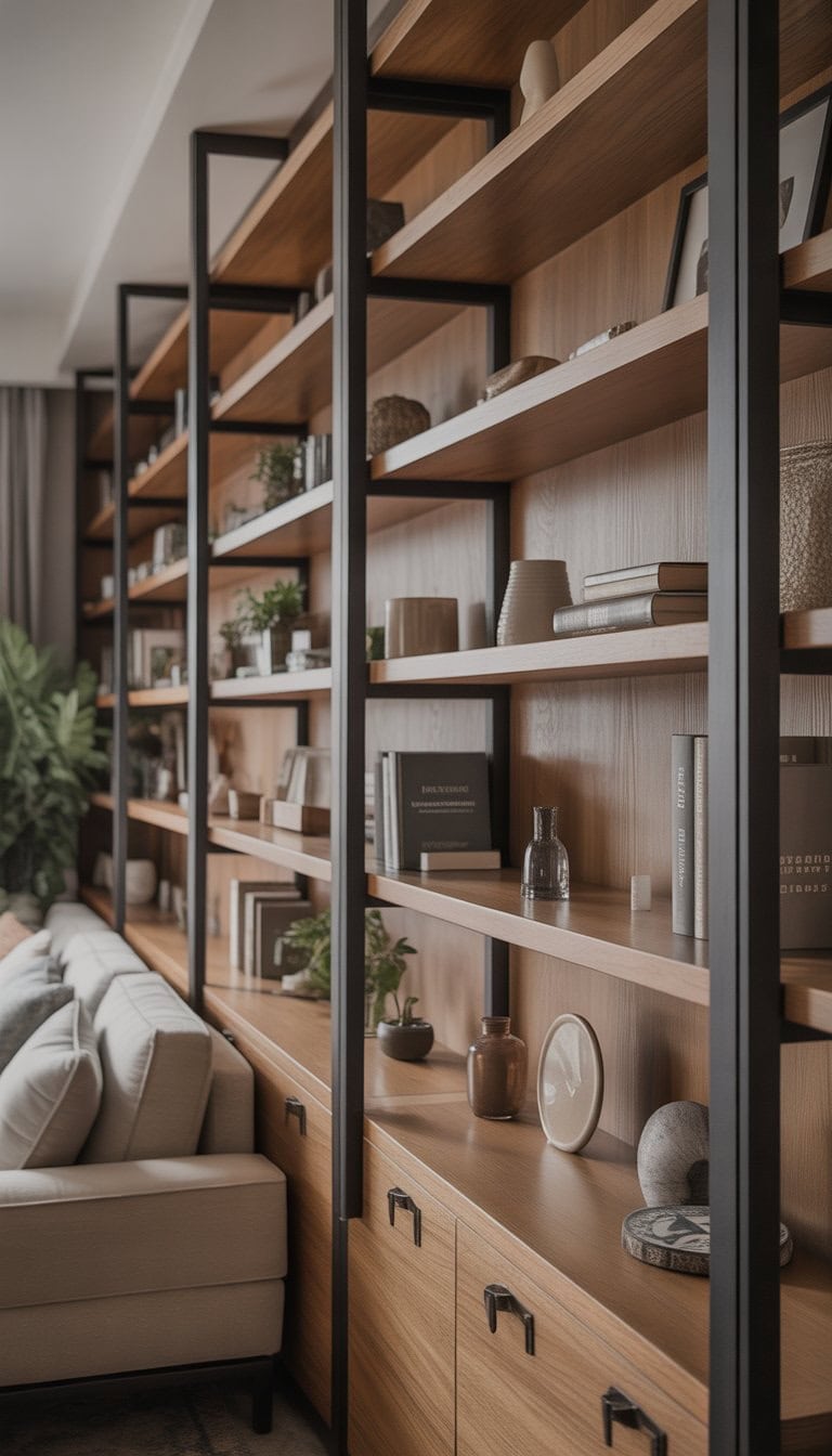 Built-in wooden shelves with metal accents in a living room, displaying books and decorative items.