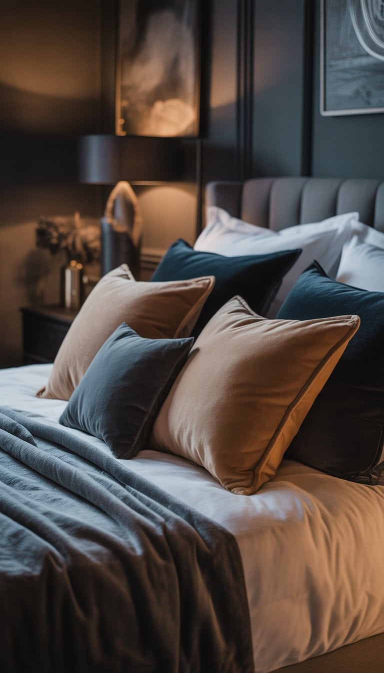 A cozy bedroom with soft cashmere cushions on a bed, dim lighting, and elegant decor.