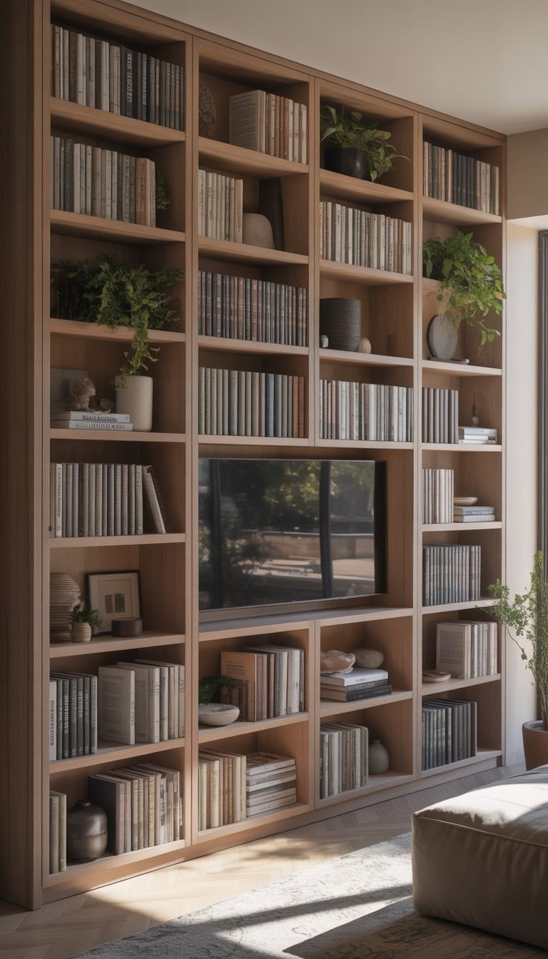 Living room with built-in bookcases filled with books and decorative items, featuring adjustable shelves and natural light.