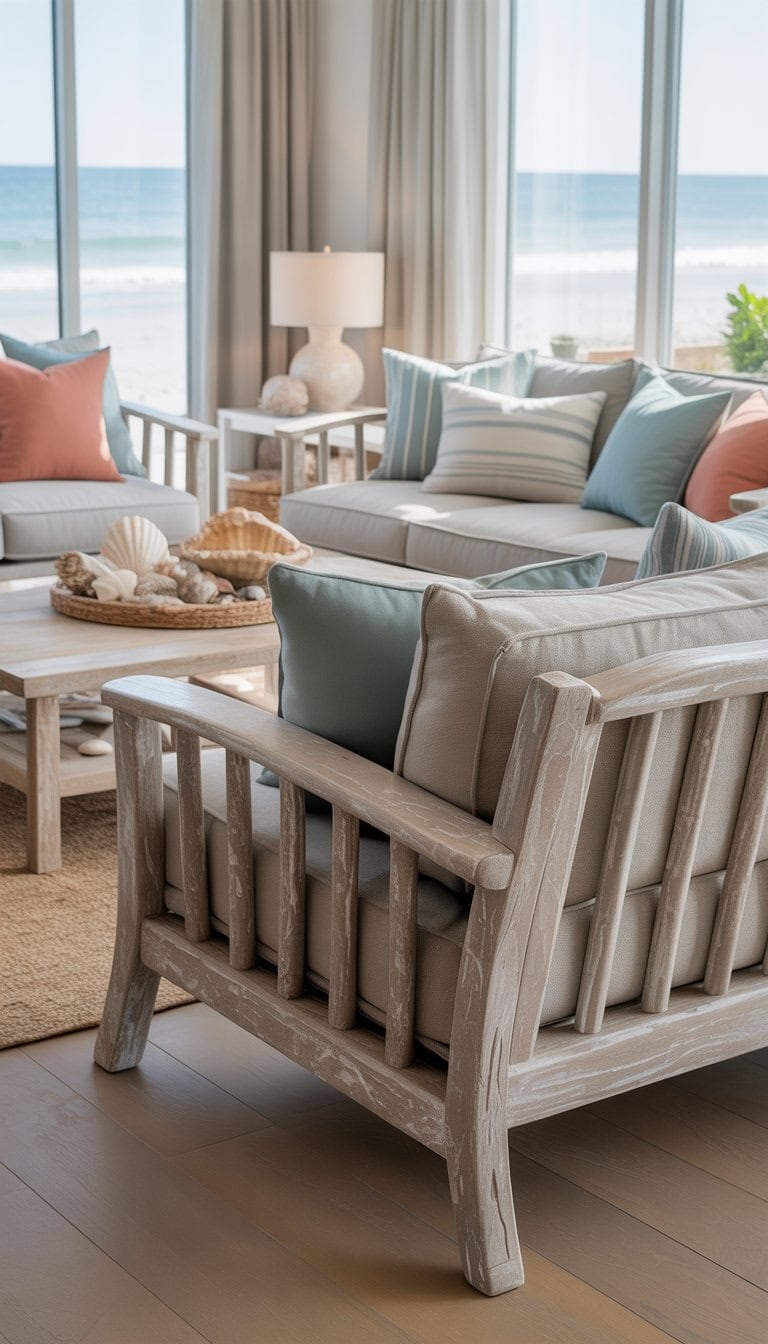 A coastal living room with driftwood gray furniture, light wood flooring, and soft blue and green accents, decorated with seashells and plants.