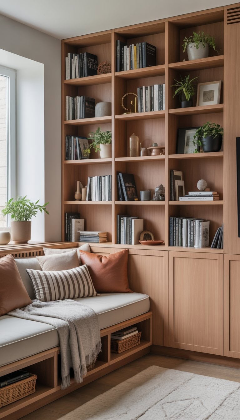 A living room corner with built-in seating that has under-seat storage next to tall built-in shelves filled with books and decorative items.