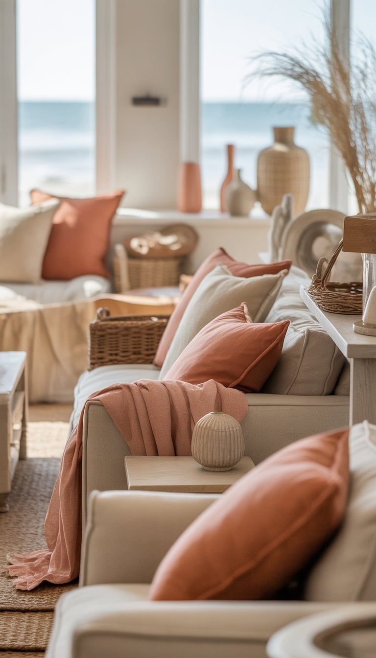 A coastal living room with a neutral color scheme and coral cushions and accessories adding warm accents.