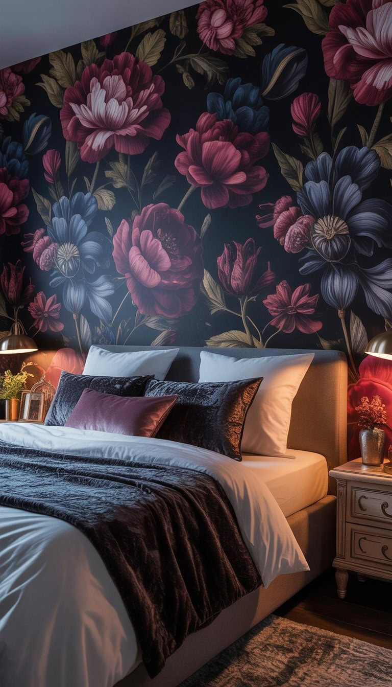 A bedroom with dark floral wallpaper, a plush bed with textured bedding, warm bedside lighting, and elegant decorative accents.