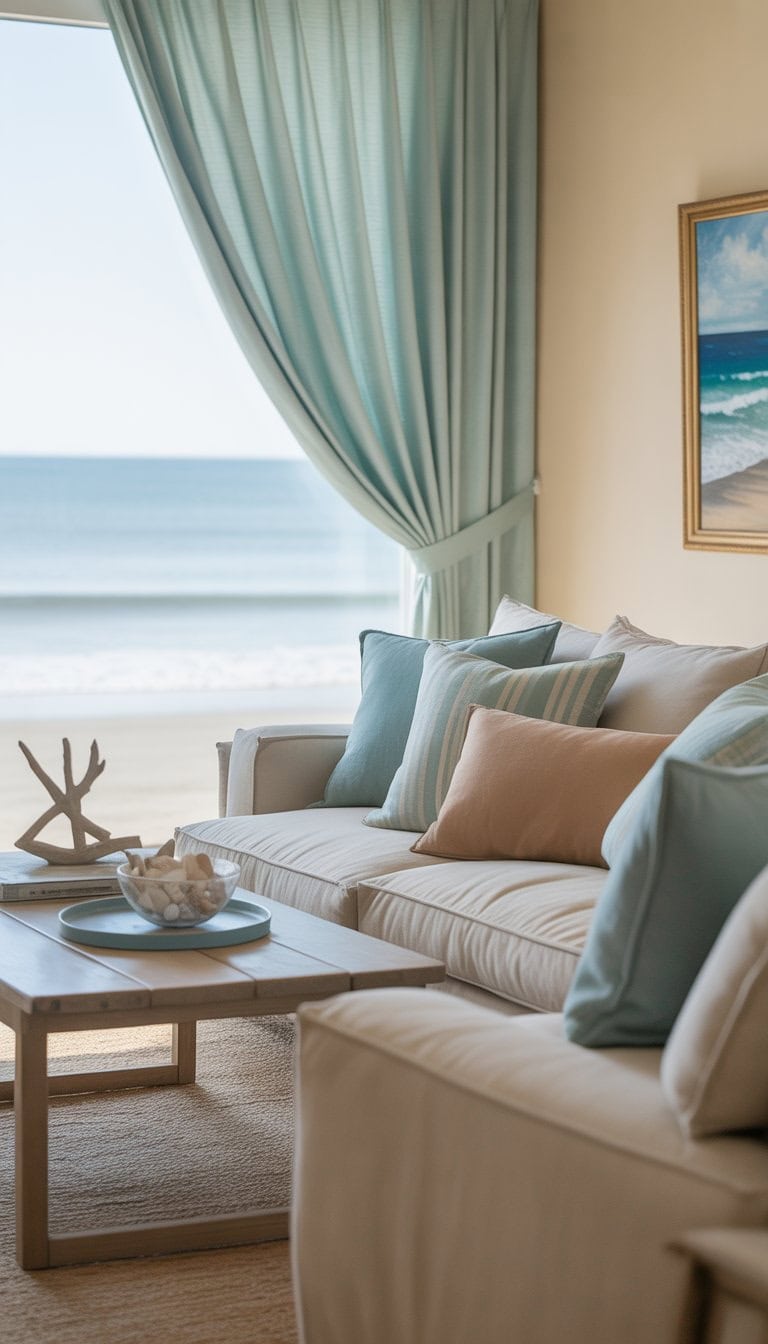 A living room with seafoam green curtains, neutral walls, light wood floor, and coastal-inspired decor including soft blue and sandy beige accents.
