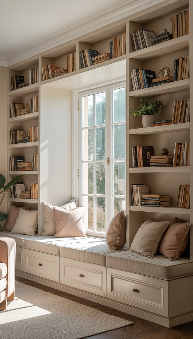 A window seat surrounded by built-in shelves filled with books and decorative items in a living room.