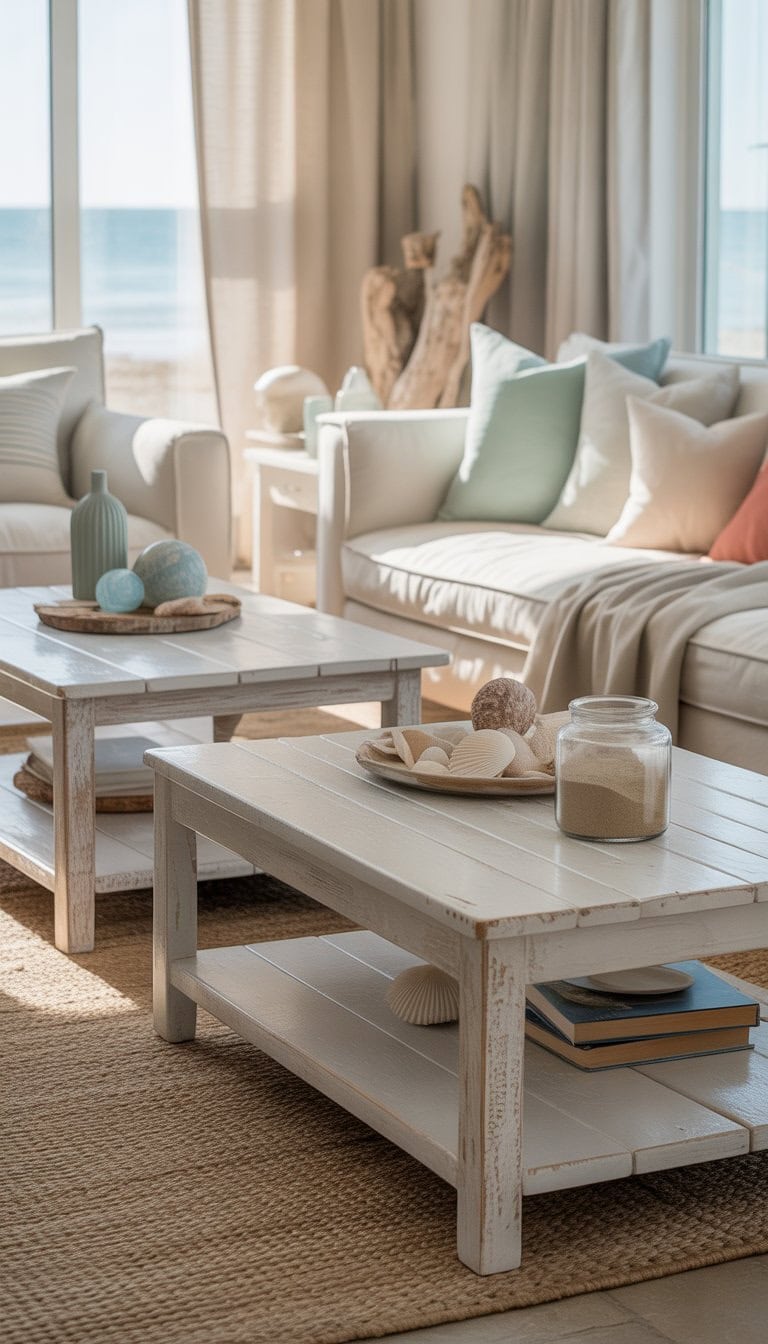 A bright living room with whitewashed wood coffee tables, neutral-colored furniture, and decorative items in soft blue and coral tones.