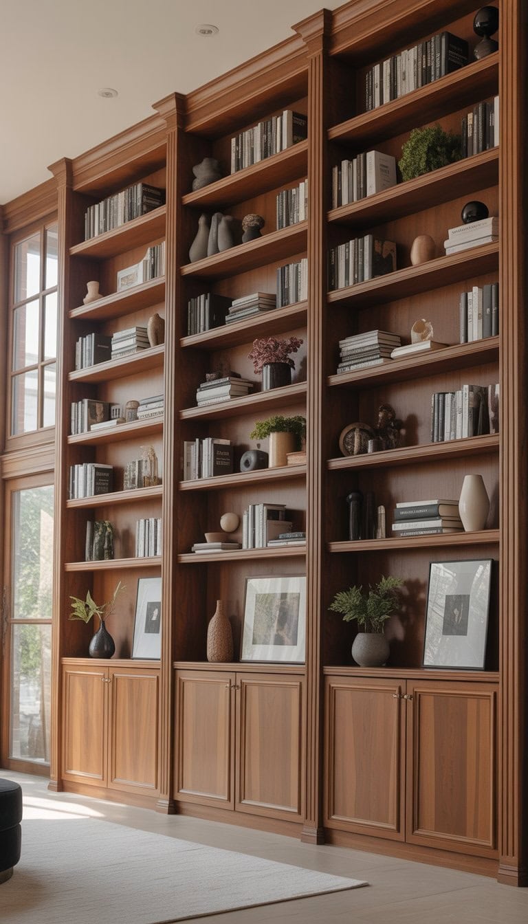 A living room with tall built-in shelves extending from floor to ceiling filled with books and decorative items.