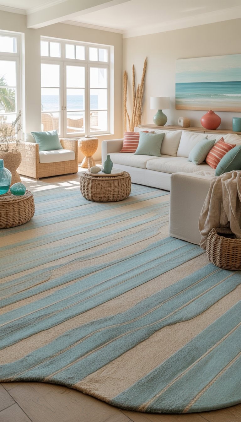 A living room with light blue and cream striped rugs, neutral furniture, and coastal-themed decor with pops of seaside colors.