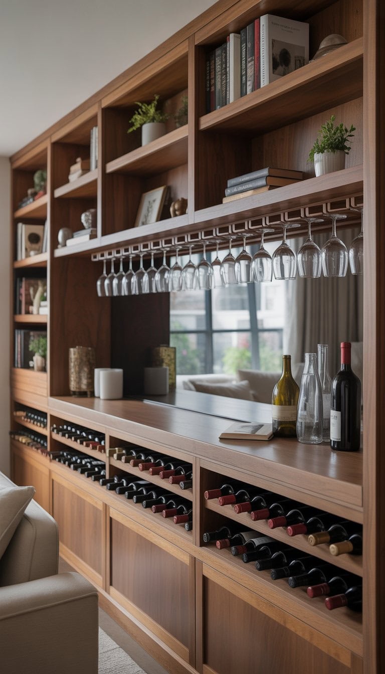 A living room with built-in shelves featuring integrated wine storage and glass racks, decorated with books and plants.