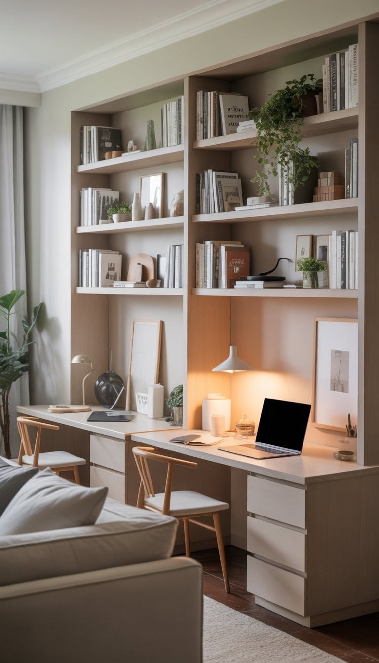 A living room with built-in desks and shelves above, displaying books, plants, and office items in a neat and organized workspace.