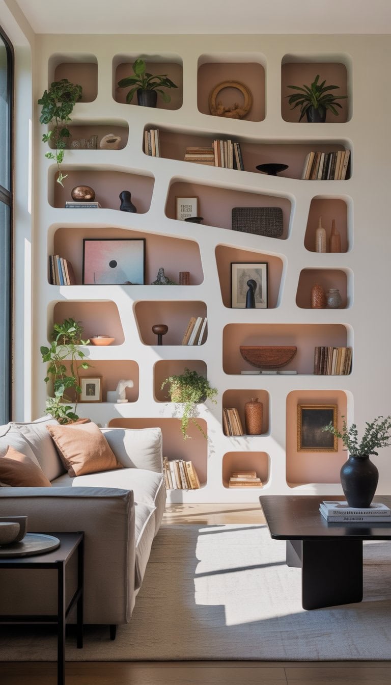 A living room with asymmetrical built-in shelves filled with books, plants, and decorative items next to a sofa and coffee table.