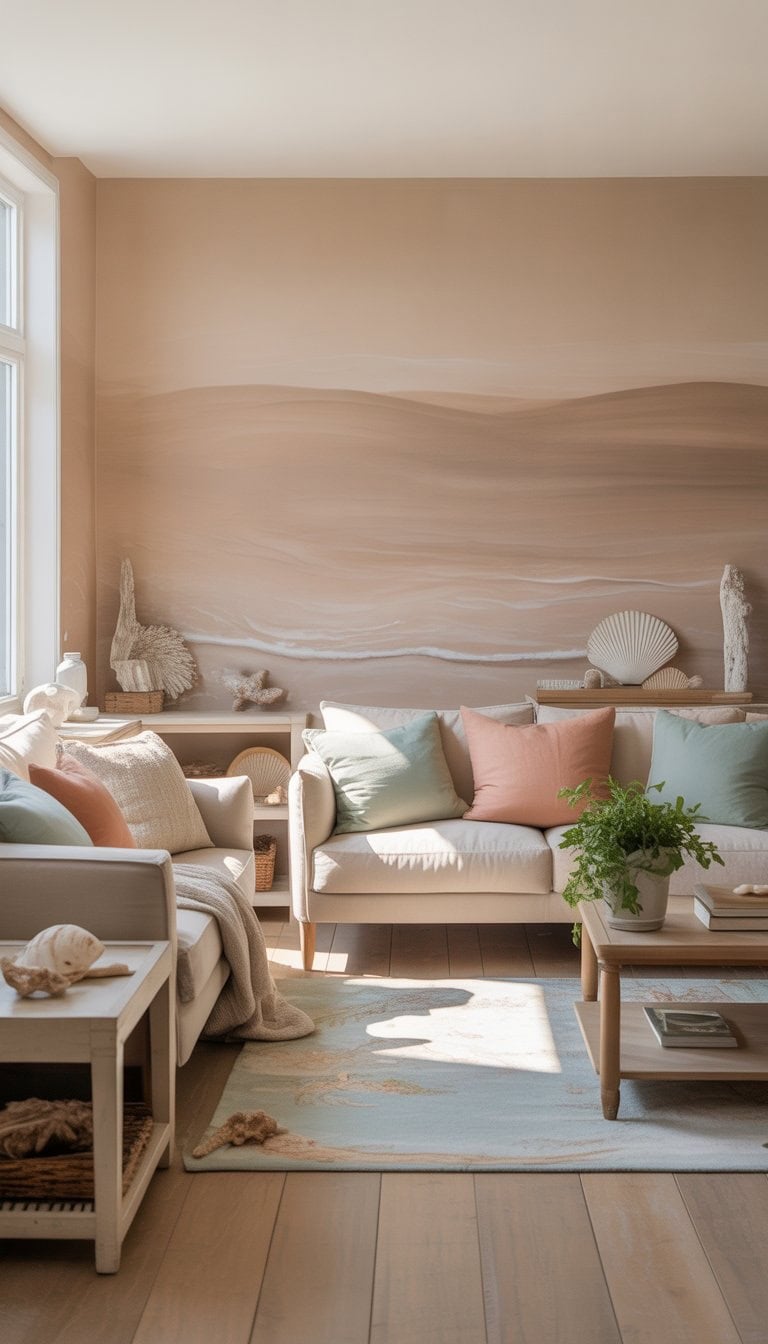 A living room with taupe walls, beige sofa, coastal-themed cushions, wooden floor, and natural light from large windows.