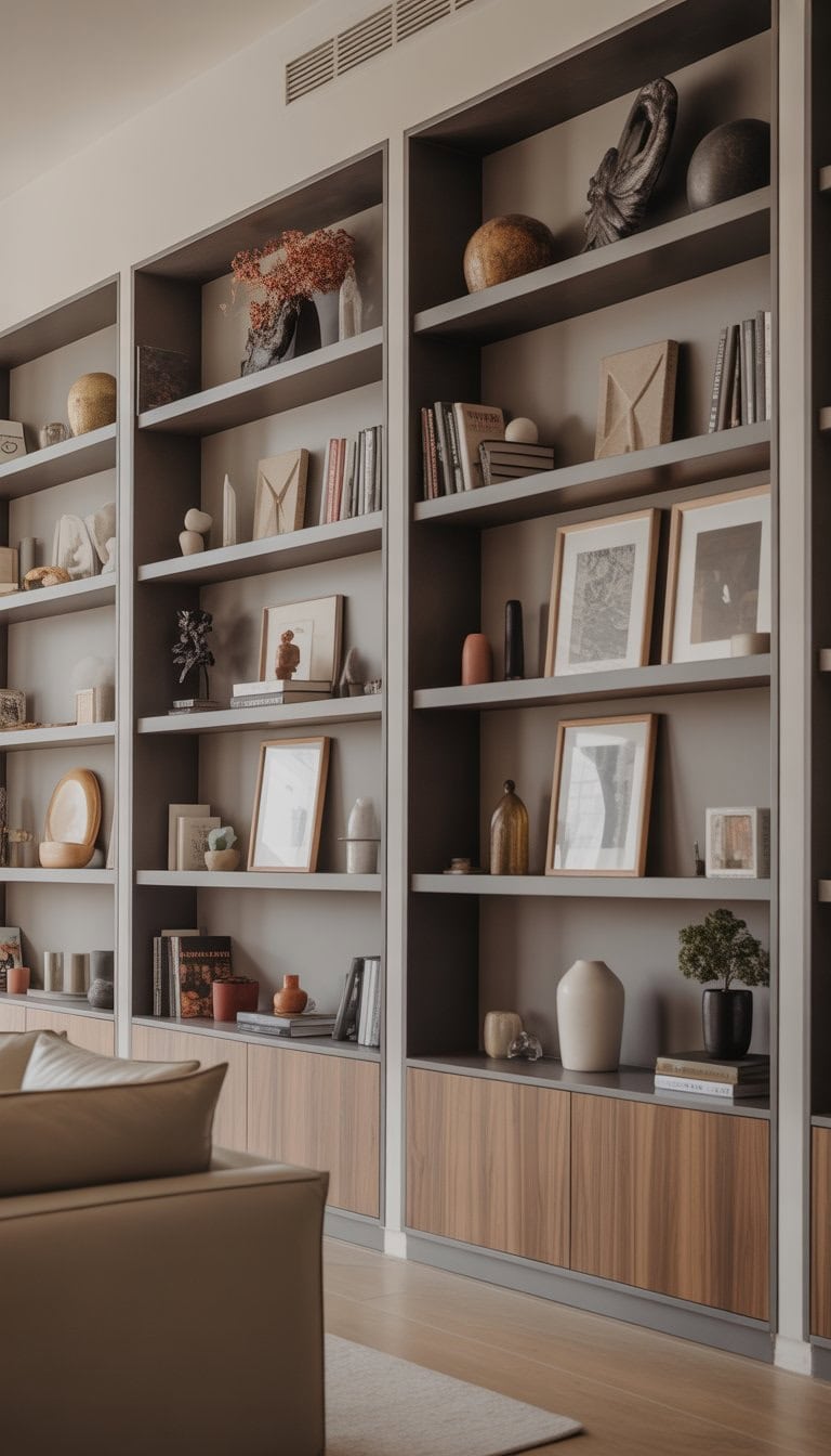 A living room with built-in shelves displaying books, decorative objects, and framed art in open spaces and display slots.