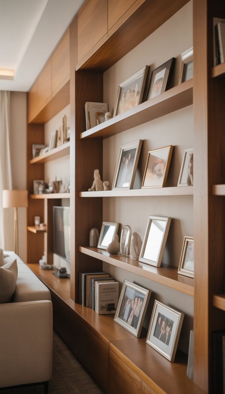 Living room with built-in shelves featuring floating ledges displaying framed photos and decorative items.