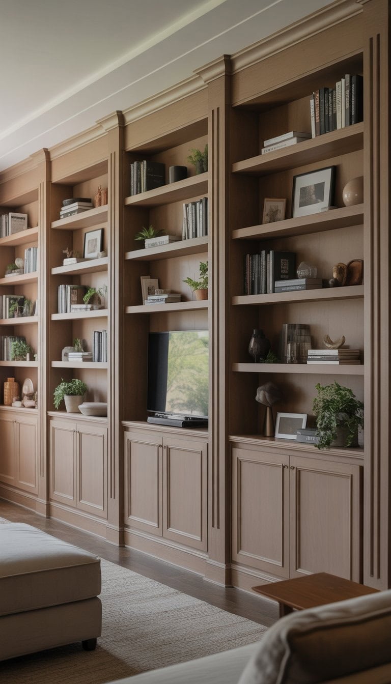 A living room with built-in shelves filled with books and decorative items, along with comfortable seating and natural light.