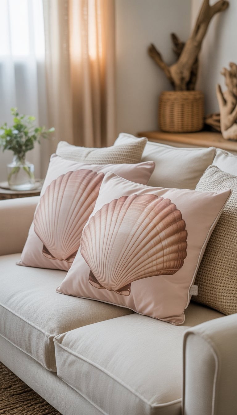 A living room with a light sofa adorned with blush pink shell-shaped pillows, natural light, and coastal decor accents.
