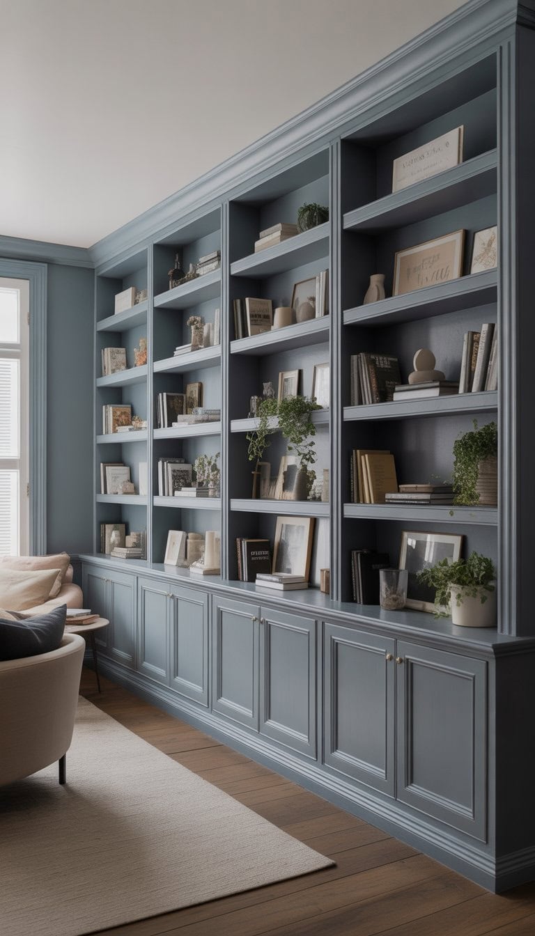 A living room with wall-to-wall built-in shelves painted soft gray, filled with books and decorative items, with natural light illuminating the space.
