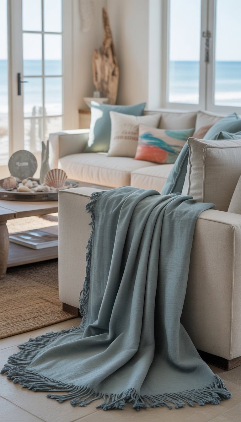 A living room with a beige sofa, slate gray throw blankets, coastal-themed decor, and natural light coming through large windows.