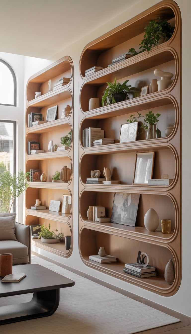 Living room with custom built-in shelves featuring rounded corners filled with books and decorative items.