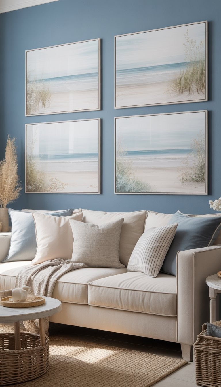 A living room with a powder blue wall displaying coastal artwork, neutral furniture, and beach-inspired decor.