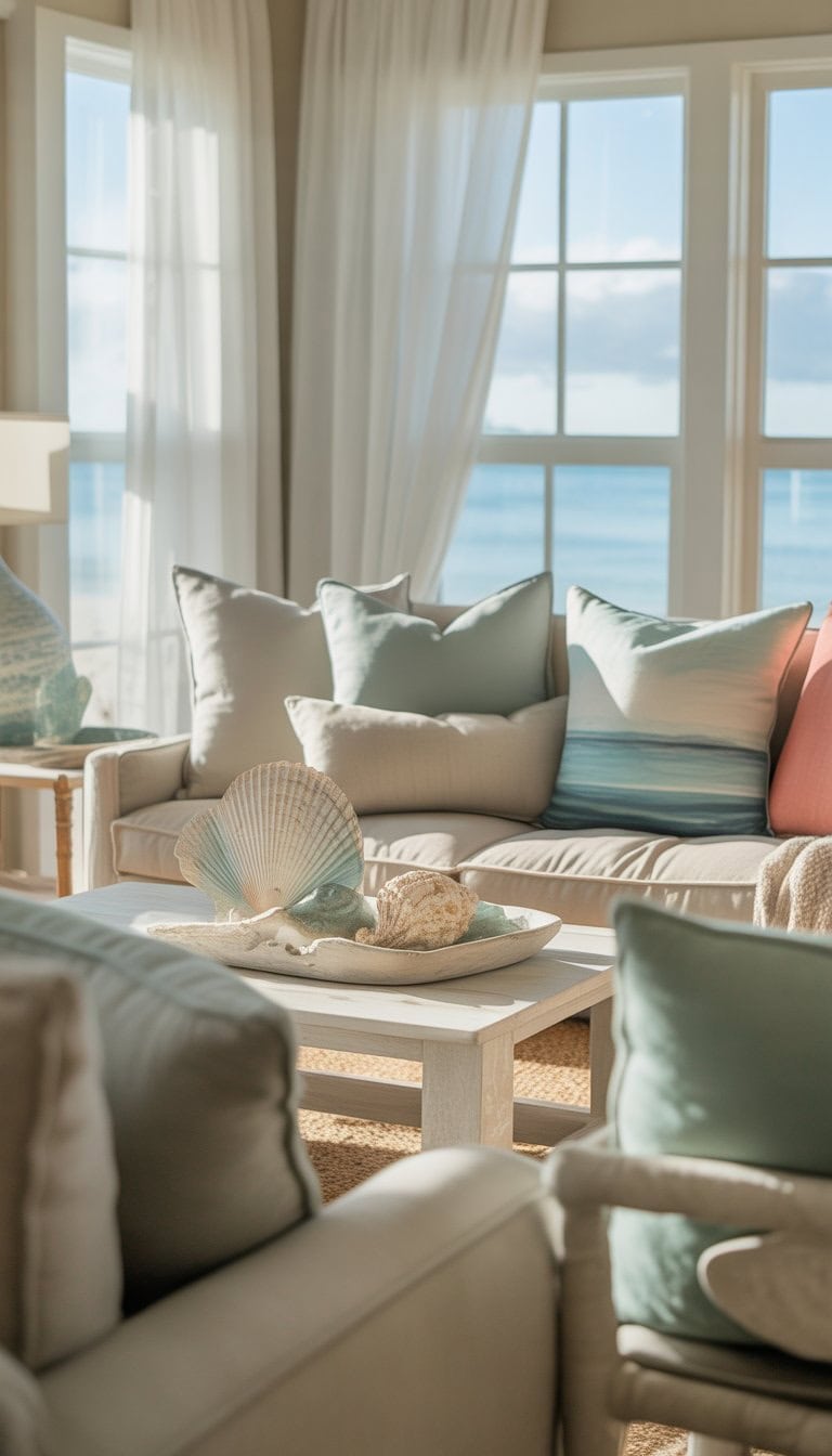 A bright coastal living room with soft white sheer curtains filtering natural light, neutral furniture, and subtle blue and green accents.