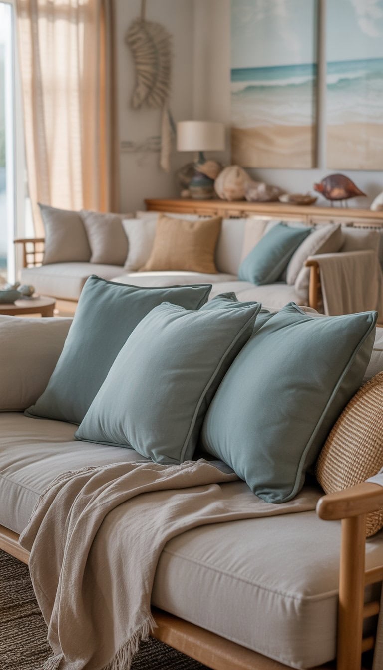 A living room with teal cushions and sand-colored throws on a sofa, natural light, and coastal decorative elements.