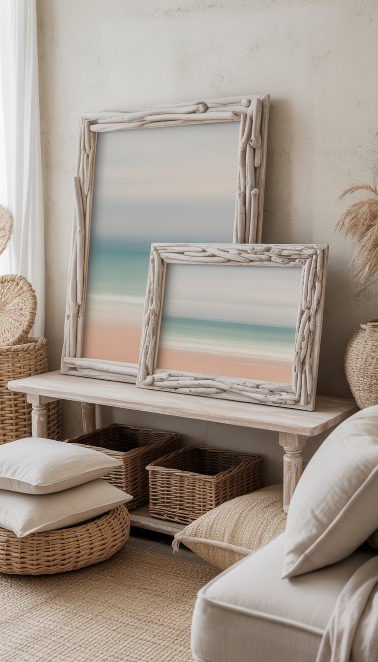 A coastal living room with driftwood picture frames on a console table, neutral colors, and soft seaside accents.