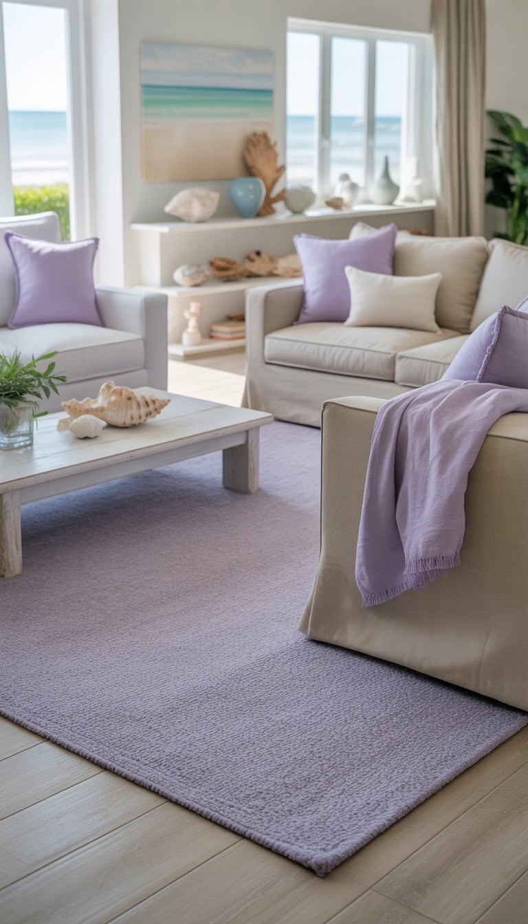 A coastal living room with beige sofas, lavender pillows, light wood floors, and beach-inspired decor illuminated by natural light.