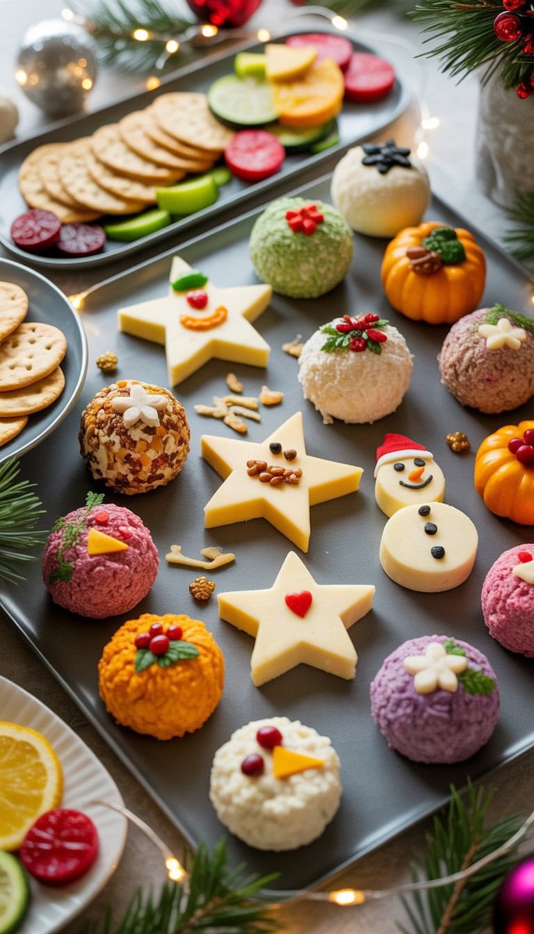 A holiday party table with various cheeseballs shaped like stars, trees, snowmen, and pumpkins, surrounded by crackers and vegetables.