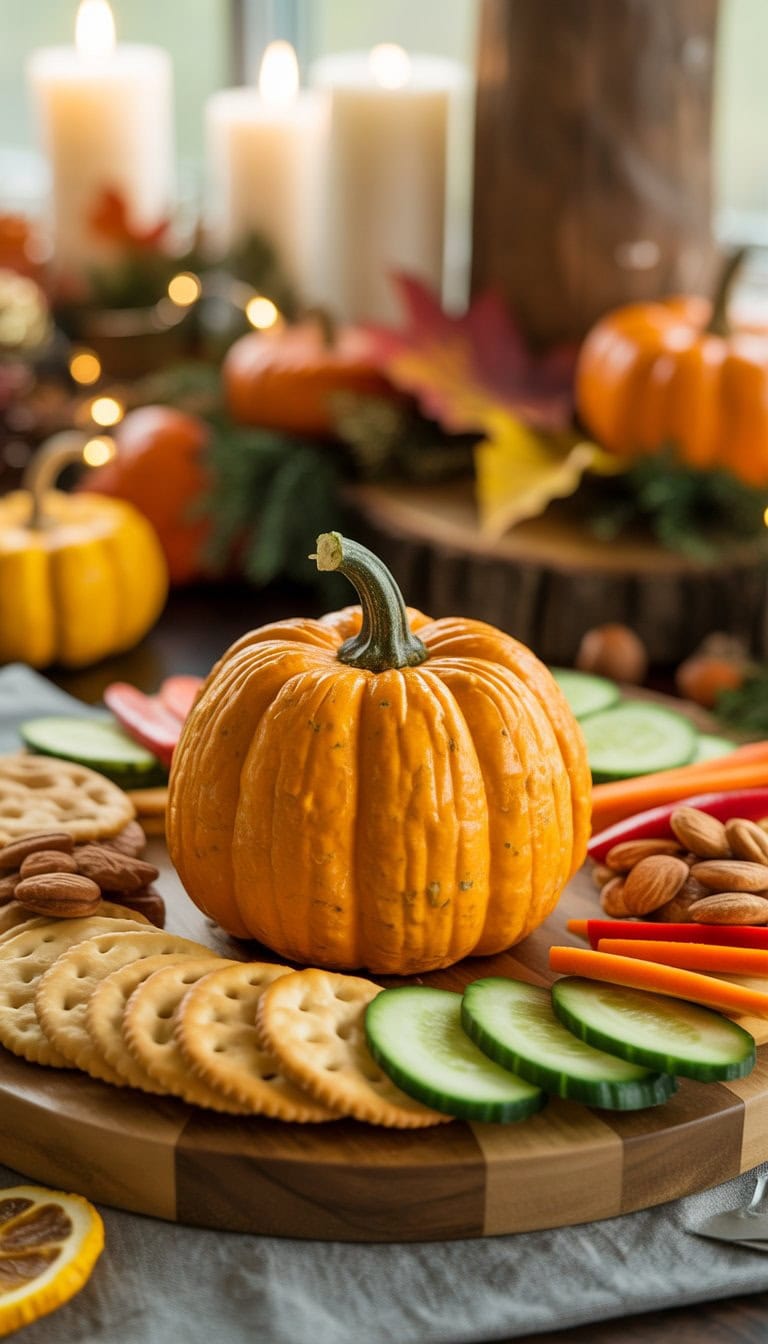 A pumpkin-shaped cheddar cheeseball on a wooden board surrounded by crackers, sliced vegetables, and nuts with autumn decorations in the background.