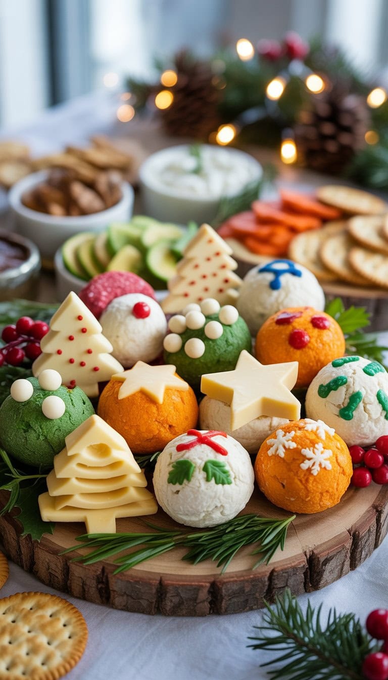 A platter of mini cheeseballs shaped like holiday symbols arranged with crackers, vegetables, and dips on a wooden board with festive decorations in the background.