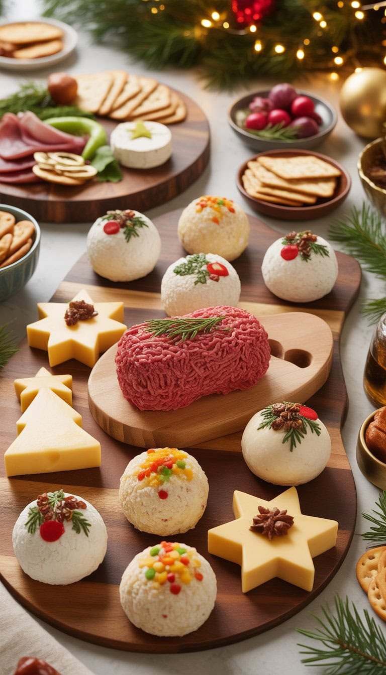 A table displaying multiple holiday-themed cheeseballs in various shapes with garnishes, surrounded by crackers and festive decorations.