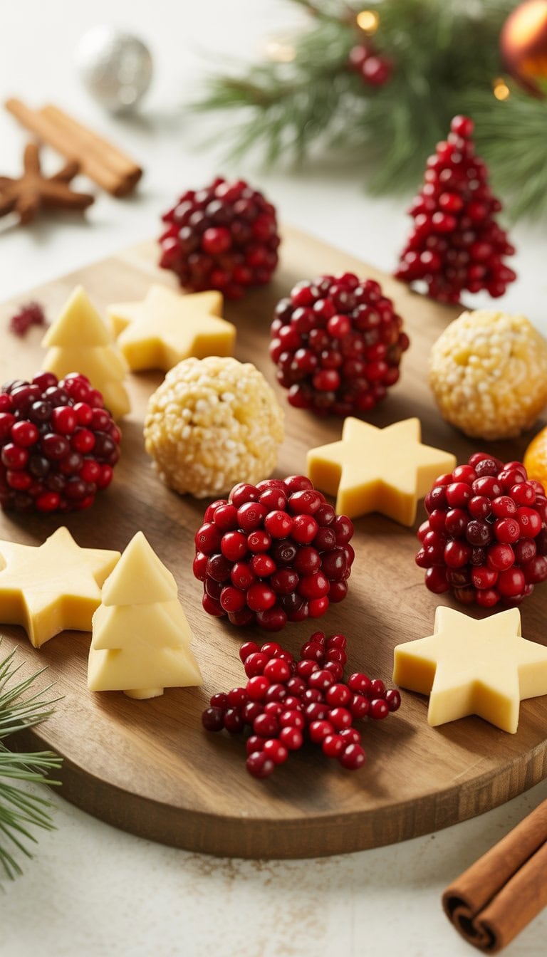 A wooden board with mini cheese balls covered in cranberries shaped like holiday-themed figures, surrounded by festive decorations.