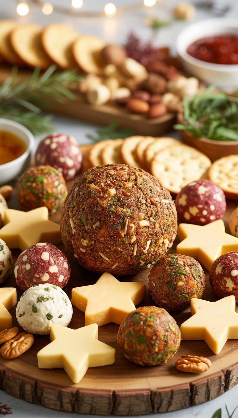 A wooden board displaying an Old English cheese ball coated with mixed spices, surrounded by various fun-shaped holiday-themed cheeseballs, crackers, nuts, and fresh herbs.