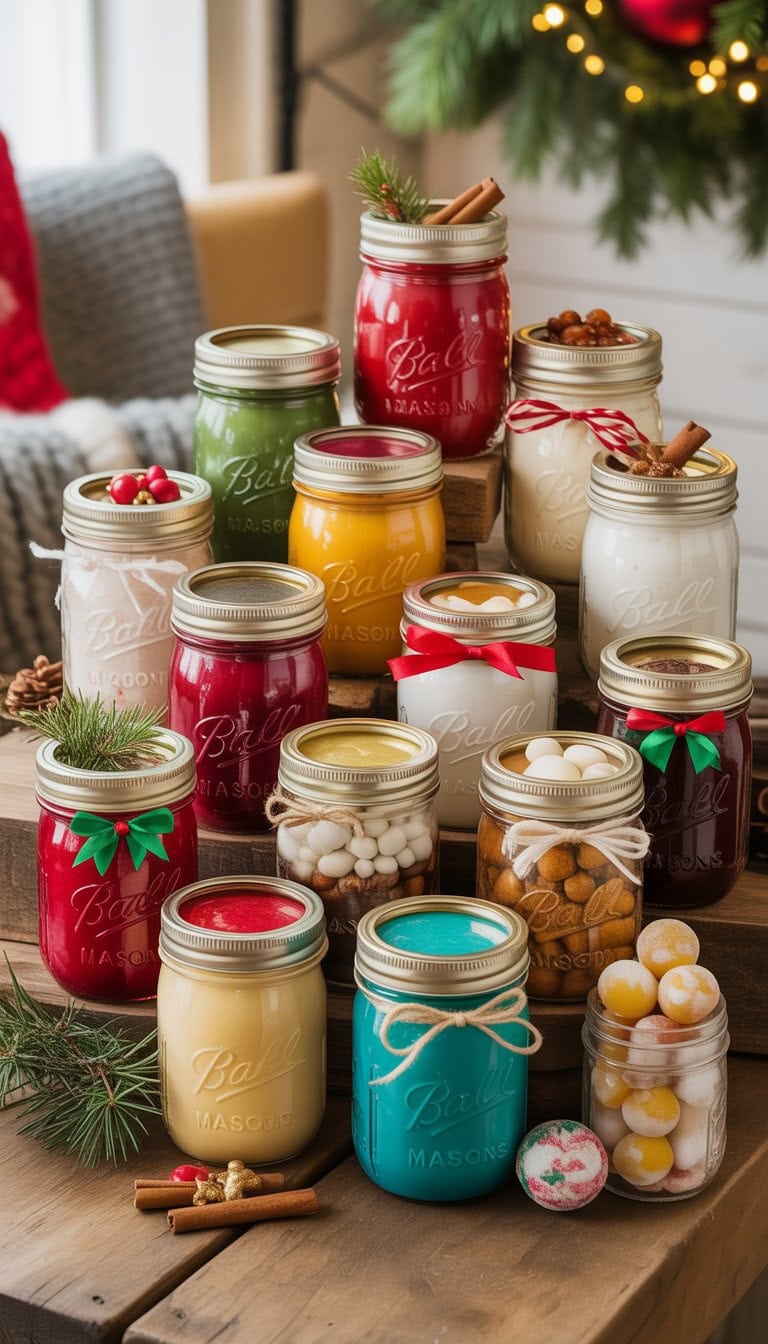 A collection of decorated mason jars filled with homemade holiday gifts arranged on a wooden table with festive decorations and soft lighting.