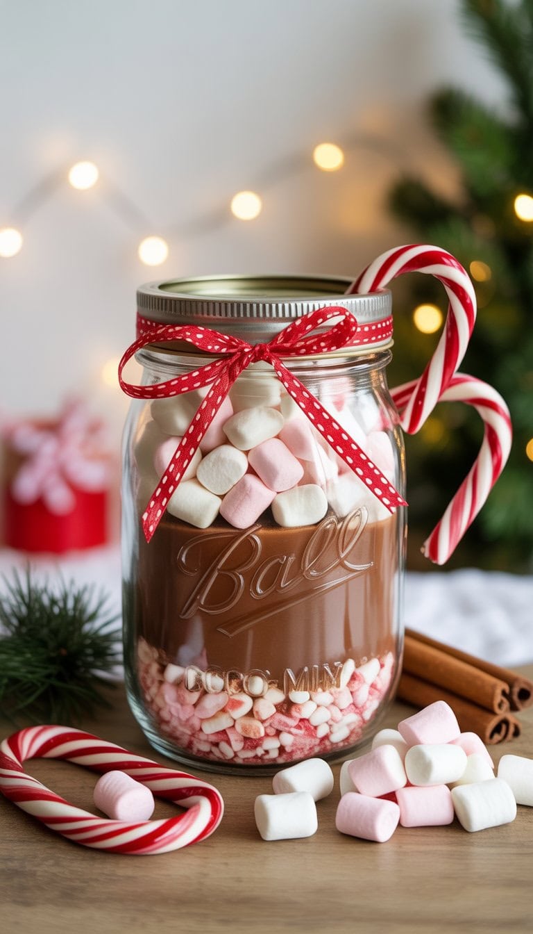 A mason jar filled with hot cocoa mix, mini marshmallows, and candy canes on a wooden surface with holiday decorations in the background.