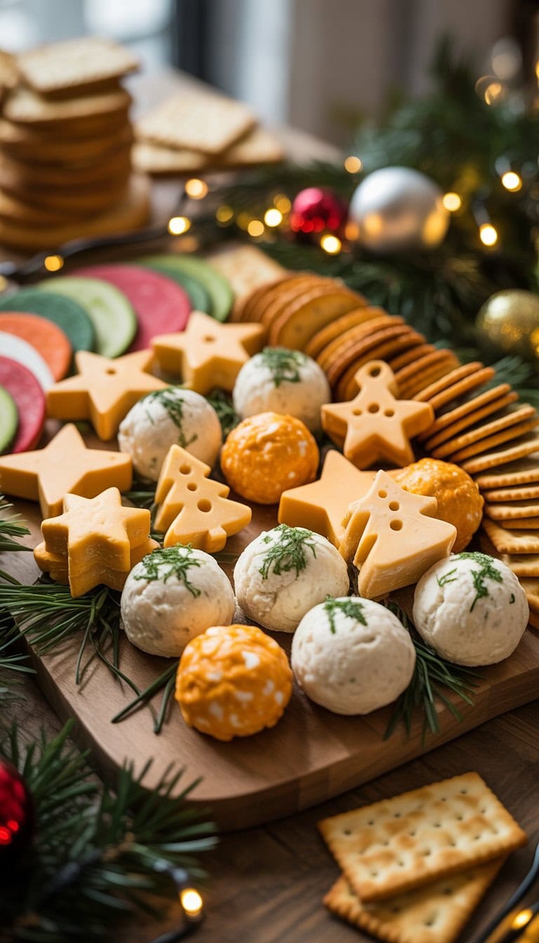 A platter of cheddar ranch cheeseballs shaped like holiday figures, surrounded by crackers and vegetables on a festive party table.
