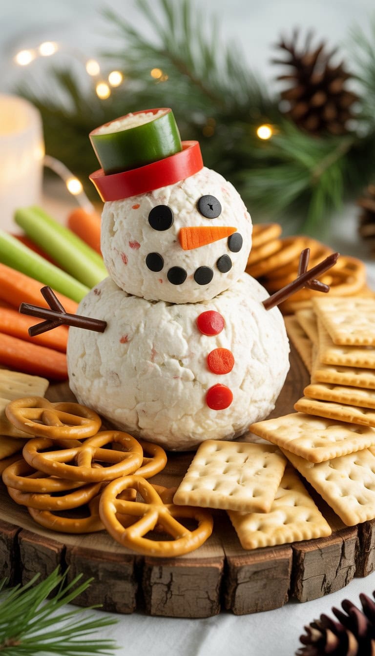 A snowman-shaped holiday cheeseball on a wooden board surrounded by crackers and vegetable sticks with holiday decorations in the background.