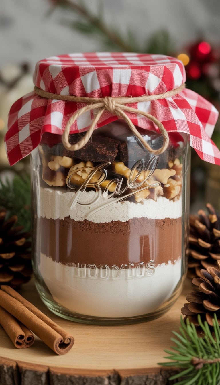 A clear mason jar filled with layered brownie mix ingredients including cocoa and walnuts, decorated with a fabric cover and twine, placed on a wooden surface with holiday decorations around it.