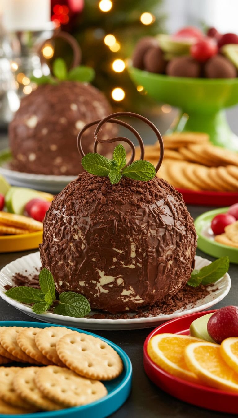 A chocolate mint dessert ball surrounded by crackers and fruit on a holiday party table.
