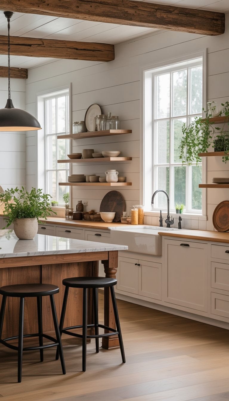 A bright kitchen with white cabinets, a large wooden island, black stools, wooden beams on the ceiling, and plants by the windows.