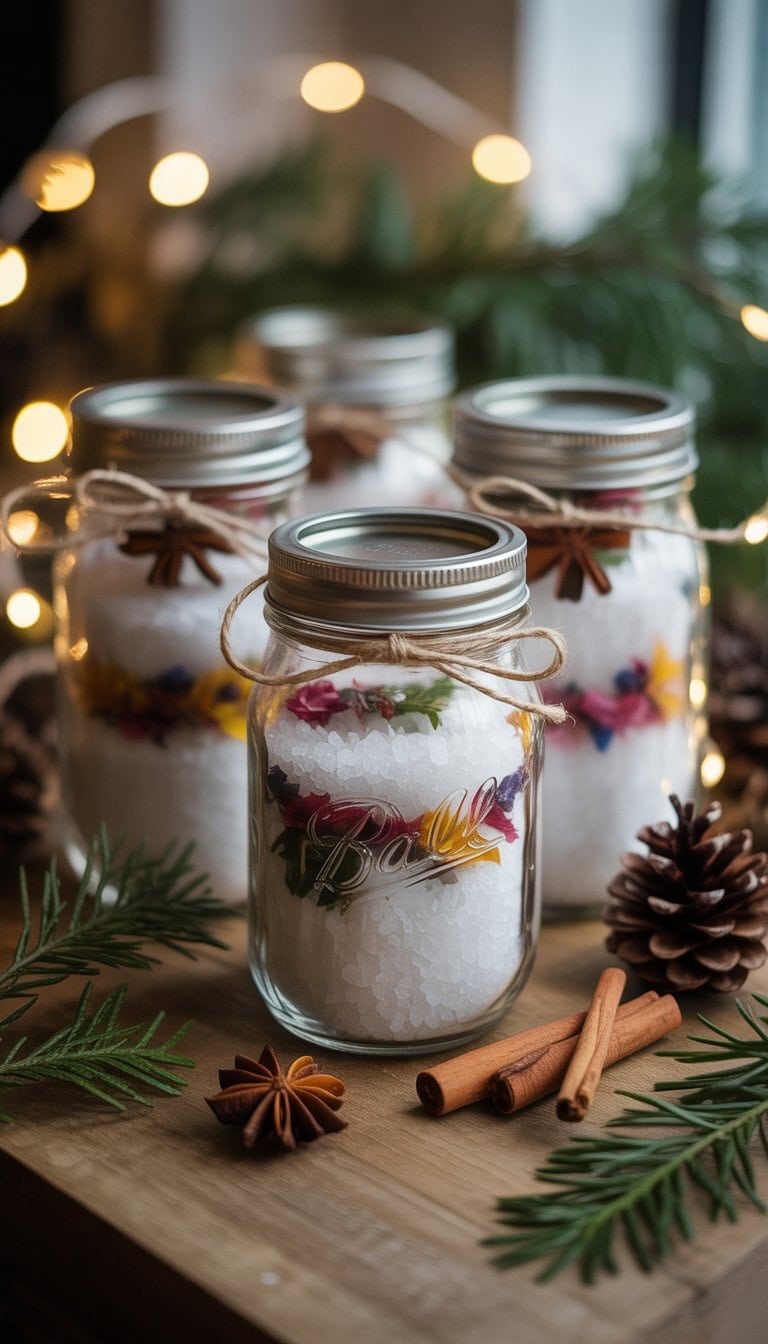 Mason jars filled with bath salts decorated with twine, cinnamon sticks, and holiday greenery on a wooden surface with pine cones and fairy lights in the background.